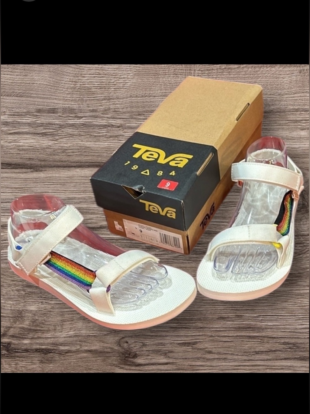 NEW Teva Original Universal Sandal White Rainbow colors trim Wmns Sz 9 Mens Sz 7